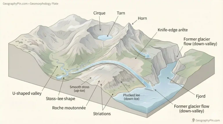 Labeled geomorphology plate showing a cirque with a tarn, a horn, a knife-edge arête, a U-shaped valley, a roche moutonnée with stoss–lee shape, striations, and a fjord.