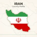 Iran’s outline filled with the Iranian flag, set on a faint regional map background with the heading “Iran Country Profile.”