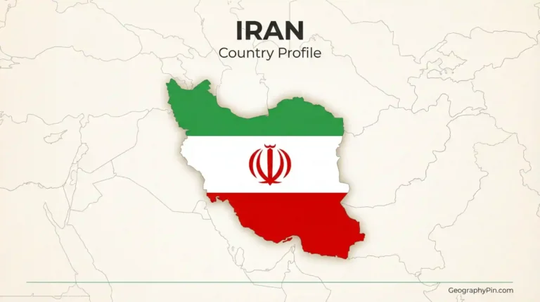 Iran’s outline filled with the Iranian flag, set on a faint regional map background with the heading “Iran Country Profile.”