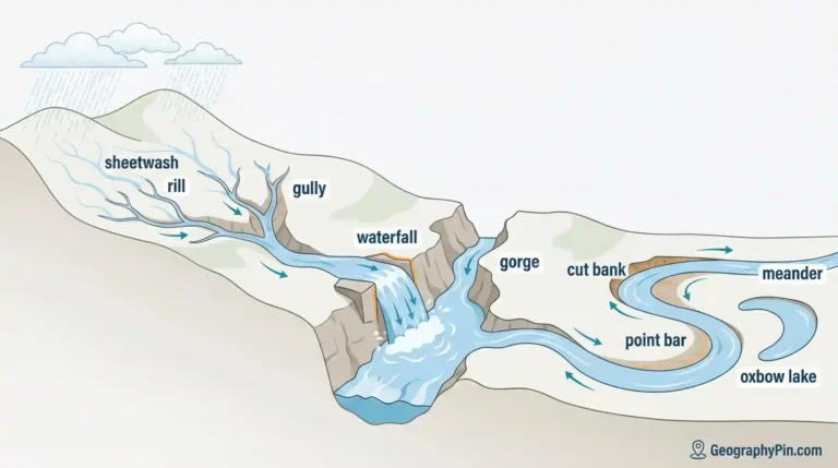 Illustrated river system showing rainfall runoff forming sheetwash, rills, and a gully, then a waterfall and gorge, ending in a meander with a cut bank, point bar, and oxbow lake.