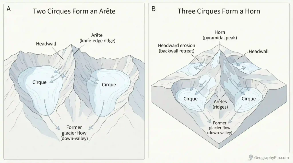 Two-panel diagram showing two cirques carving a knife-edge arête and three cirques carving a pyramidal horn, with arrows for headward erosion and former glacier flow.