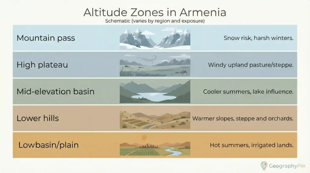 Infographic showing Armenia’s altitude zones from mountain passes to low basins, with typical weather and landscape in each zone.