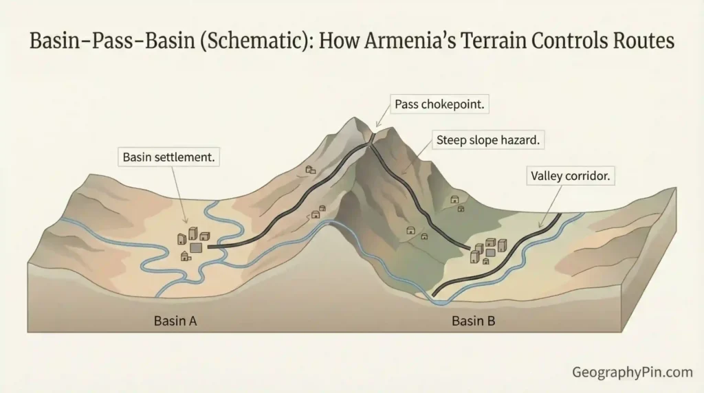 Basin–pass–basin diagram (how terrain controls routes)