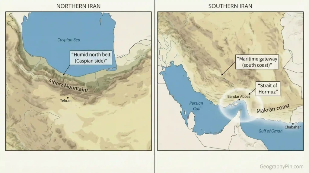 Split map comparing northern Iran near the Caspian Sea and Alborz Mountains with southern Iran along the Persian Gulf and Gulf of Oman, highlighting the Strait of Hormuz and the Makran coast.