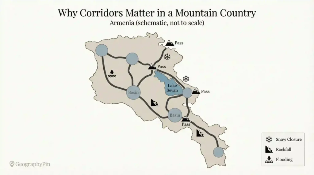 Schematic map of Armenia showing transport corridors linking basins through mountain passes, with hazard icons for snow, rockfall, and flooding.
