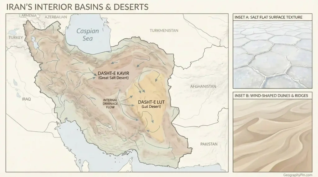 Map of Iran highlighting Dasht-e Kavir and Dasht-e Lut with arrows showing internal drainage, plus inset images of salt-flat texture and wind-shaped dunes.