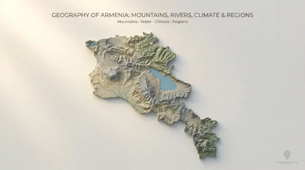 3D relief map of Armenia showing major mountain ranges, river valleys, and Lake Sevan.