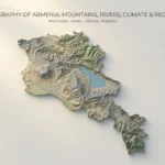 3D relief map of Armenia showing major mountain ranges, river valleys, and Lake Sevan.