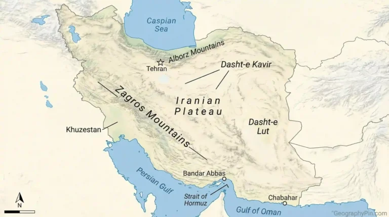 Relief map of Iran labeling the Iranian Plateau, Zagros and Alborz Mountains, Dasht-e Kavir, Dasht-e Lut, the Caspian Sea, Persian Gulf, Gulf of Oman, and the Strait of Hormuz with Tehran, Bandar Abbas, and Chabahar.