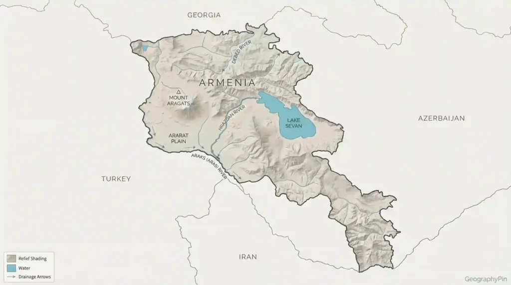 Shaded-relief physical map of Armenia showing Lake Sevan, Mount Aragats, Ararat Plain, and the Debed, Hrazdan, and Aras (Araks) rivers.
