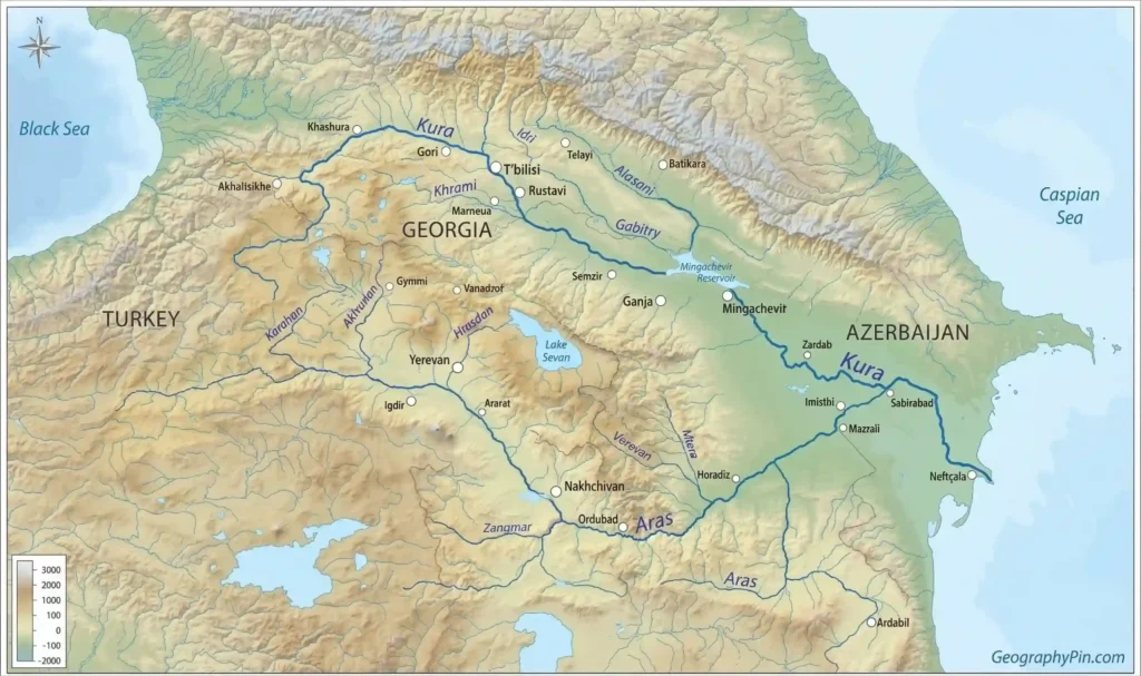 Relief map of the Mtkvari or Kura River system crossing Turkey, Georgia, and Azerbaijan, with the Aras tributary and the Caspian Sea labeled.