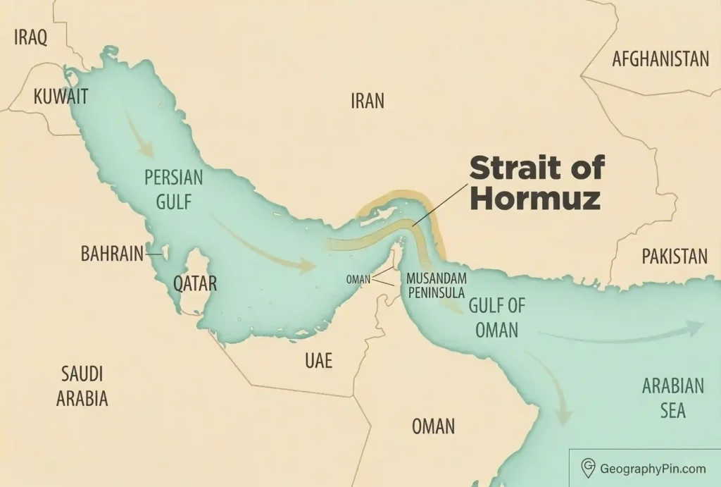 Map of the Strait of Hormuz between Iran and Oman, linking the Persian Gulf to the Gulf of Oman and Arabian Sea.