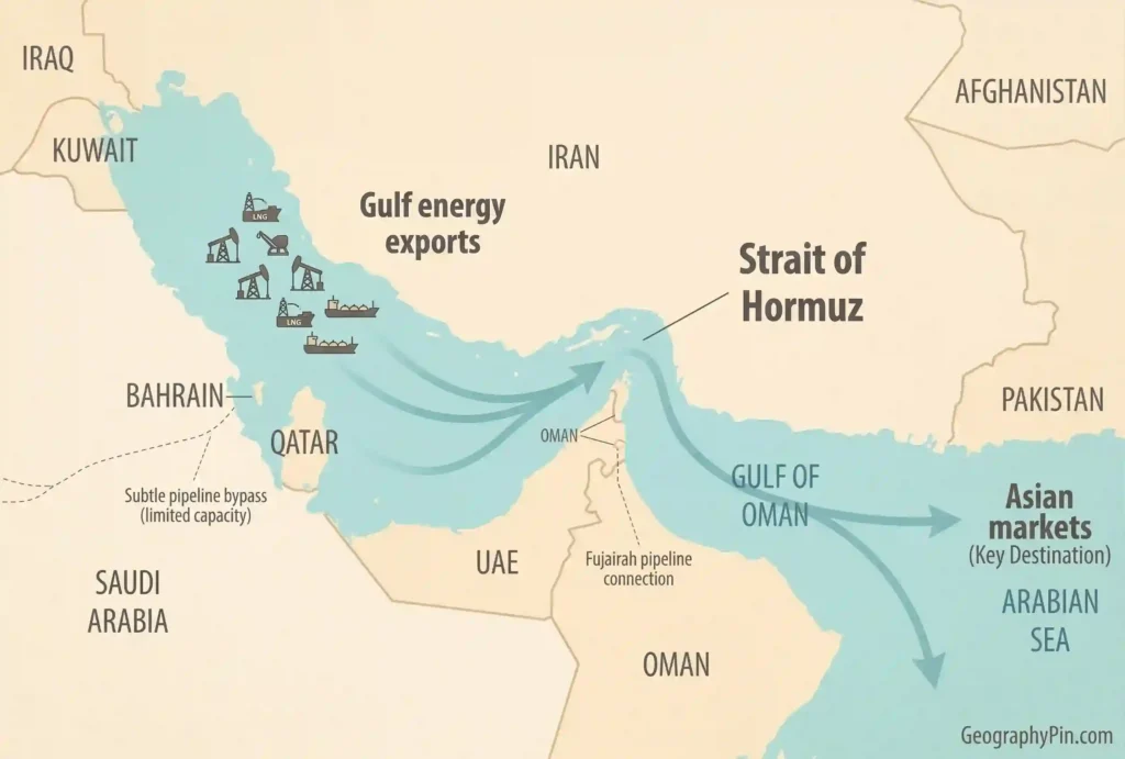 Flow map showing Gulf energy exports moving through the Strait of Hormuz toward Asian markets, with limited pipeline bypass routes.