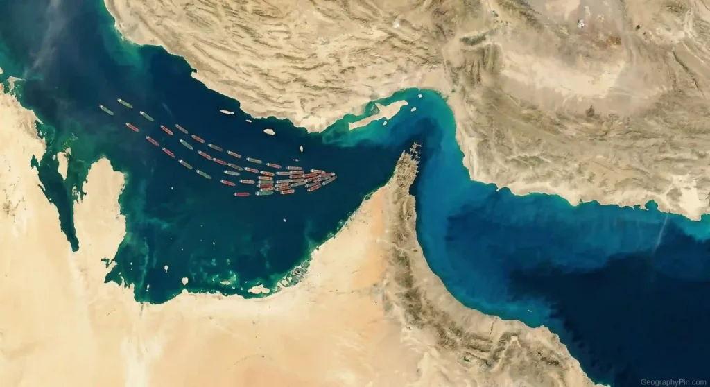 Satellite-style view of the Strait of Hormuz with many tankers backed up on the Persian Gulf side of the chokepoint.
