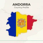 Andorra country profile hero image showing the outline of Andorra filled with the national flag on a pale regional background
