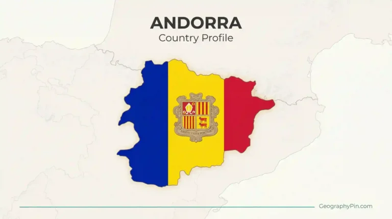 Andorra country profile hero image showing the outline of Andorra filled with the national flag on a pale regional background