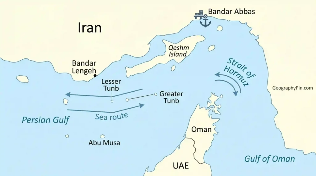 Locator map of Bandar Abbas showing Qeshm Island, Bandar Lengeh, Greater Tunb, Lesser Tunb, Abu Musa, Oman, and the Strait of Hormuz.