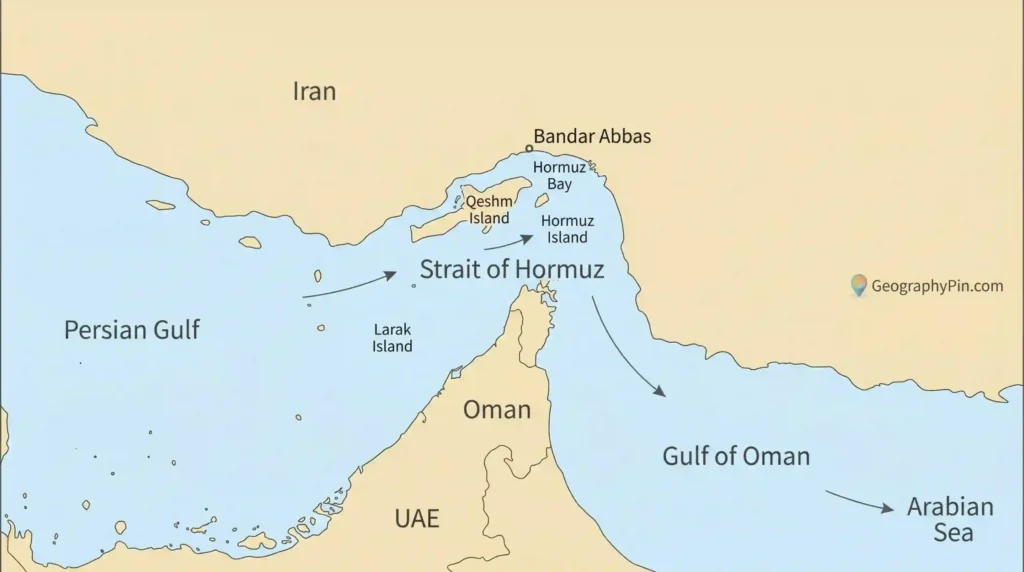 Regional map showing Bandar Abbas on Iran’s coast beside the Strait of Hormuz, with the Persian Gulf, Gulf of Oman, and Arabian Sea labeled.