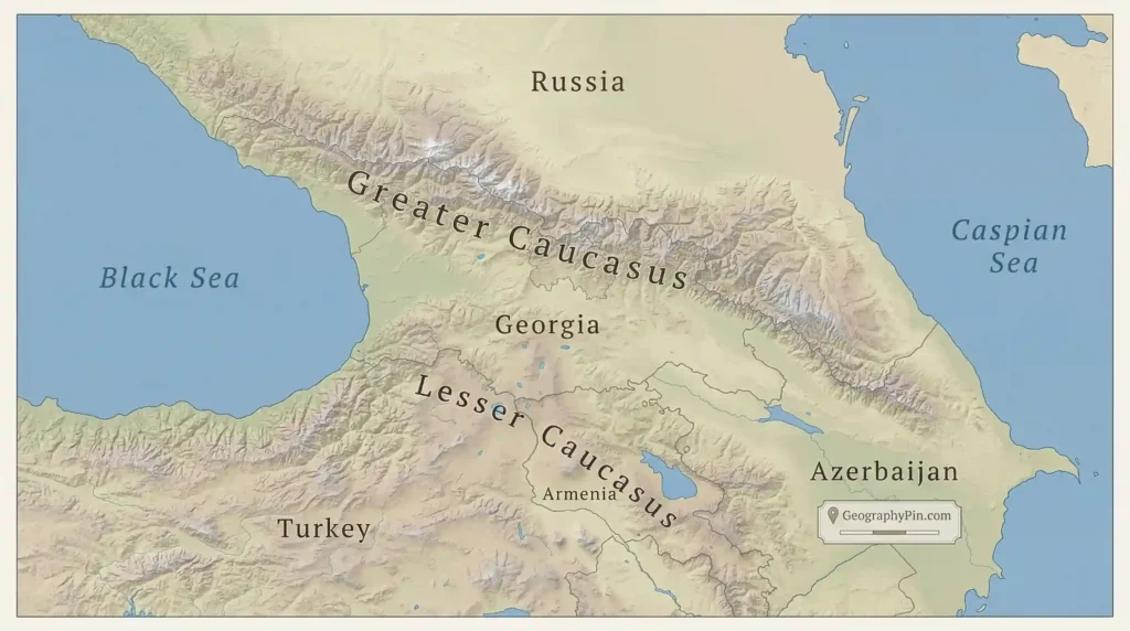 Relief map of the Caucasus between the Black Sea and Caspian Sea with the Greater and Lesser Caucasus labeled
