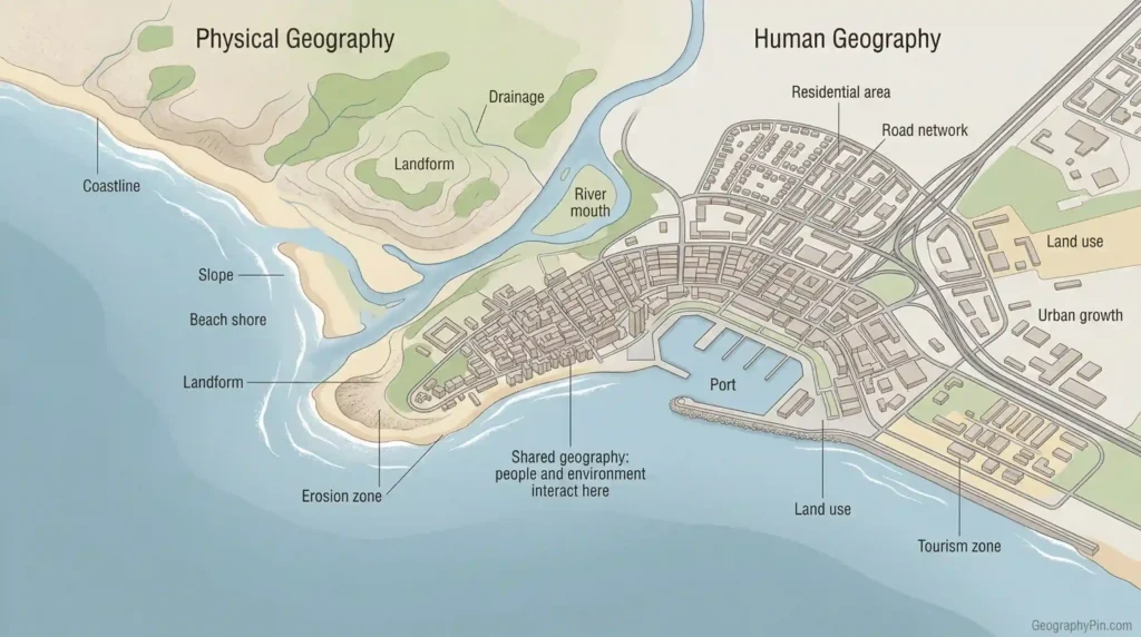 Annotated diagram comparing physical geography and human geography in a coastal city, labeling coastline, slope, drainage, river mouth, residential area, road network, port, land use, and tourism zone.