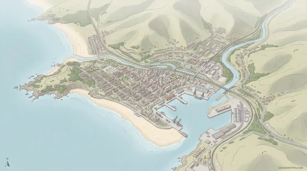 Illustrated coastal city showing hills, river channels, shoreline, beaches, roads, and a port where human and physical geography meet in one place.