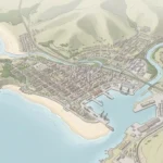 Illustrated coastal city showing hills, river channels, shoreline, beaches, roads, and a port where human and physical geography meet in one place.