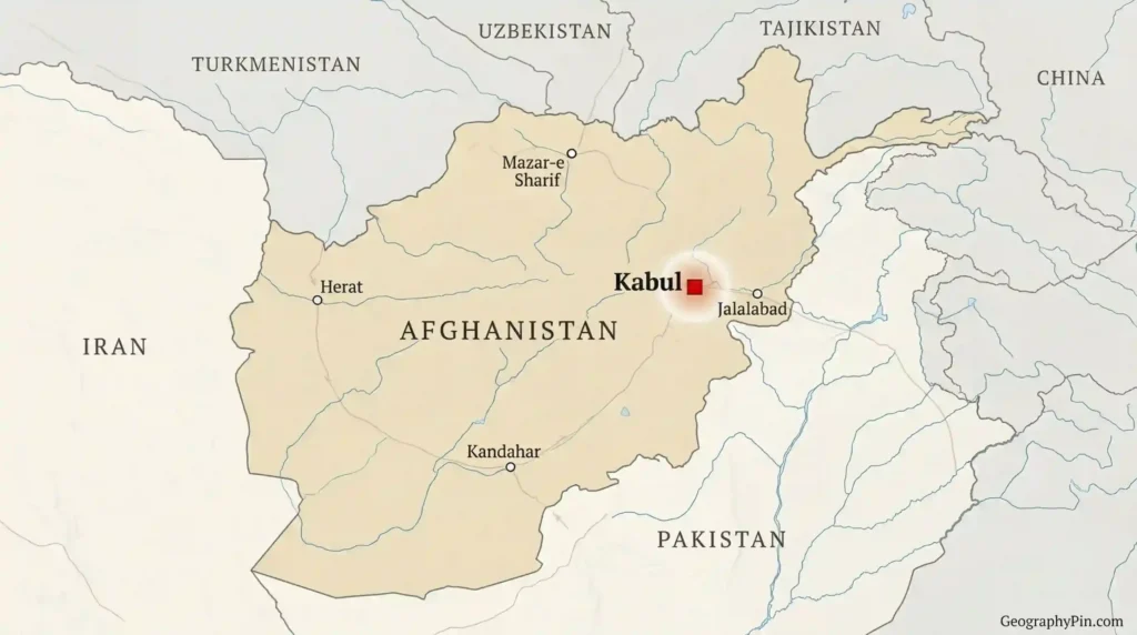 Locator map showing Kabul in east-central Afghanistan with neighboring countries and major Afghan cities.
