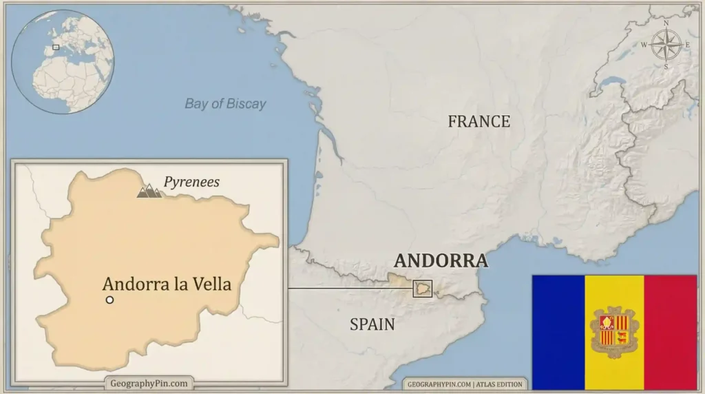 Locator map of Andorra between Spain and France with Andorra la Vella marked in the Pyrenees