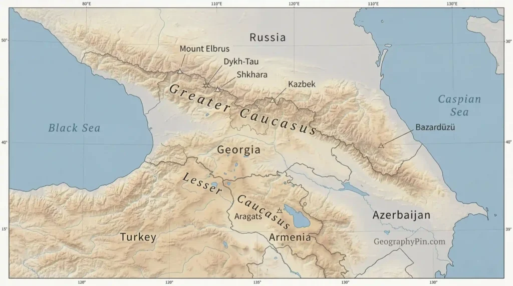 Annotated relief map of the Caucasus showing Elbrus, Dykh-Tau, Shkhara, Kazbek, Bazardüzü, and Aragats