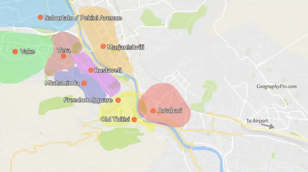 Map of the best areas to stay in Tbilisi, including Old Tbilisi, Vera, Rustaveli, Avlabari, Vake, and Saburtalo