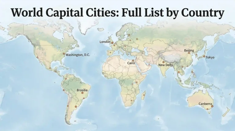 World map showing major capital cities including Washington, D.C., Brasília, London, Cairo, New Delhi, Beijing, Tokyo, and Canberra
