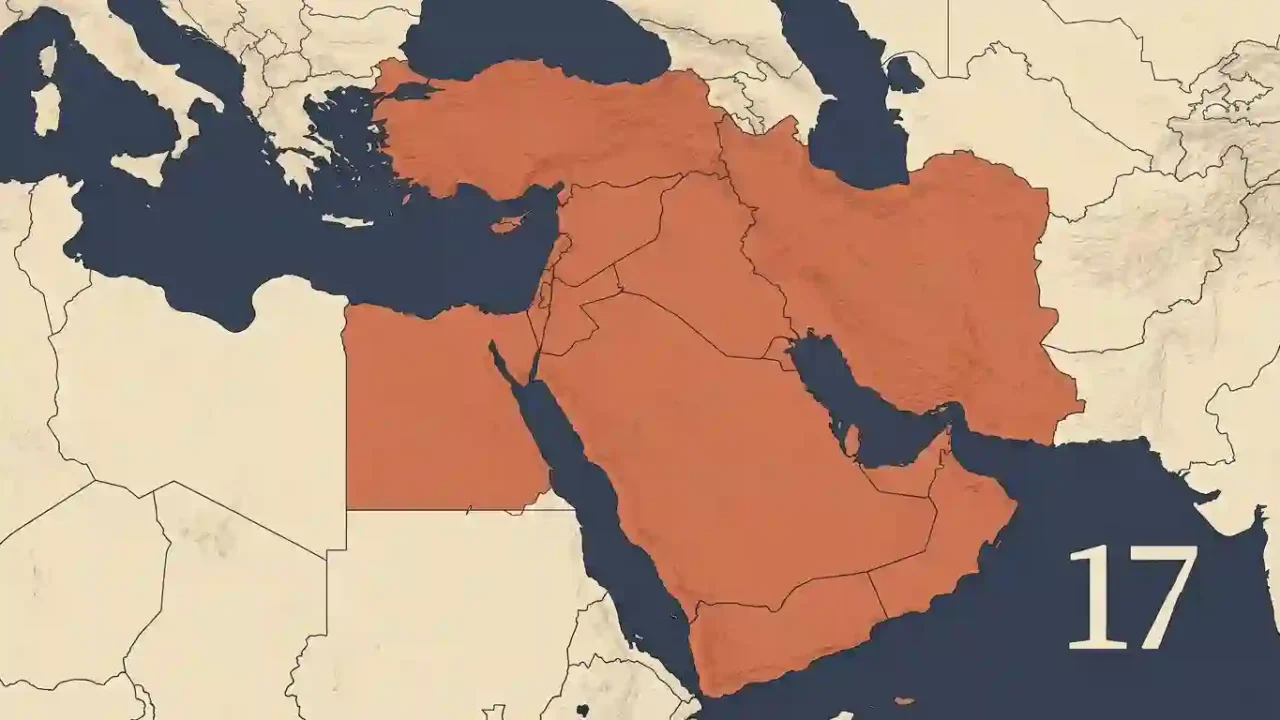 Map of the Middle East with 17 countries and states highlighted in orange.