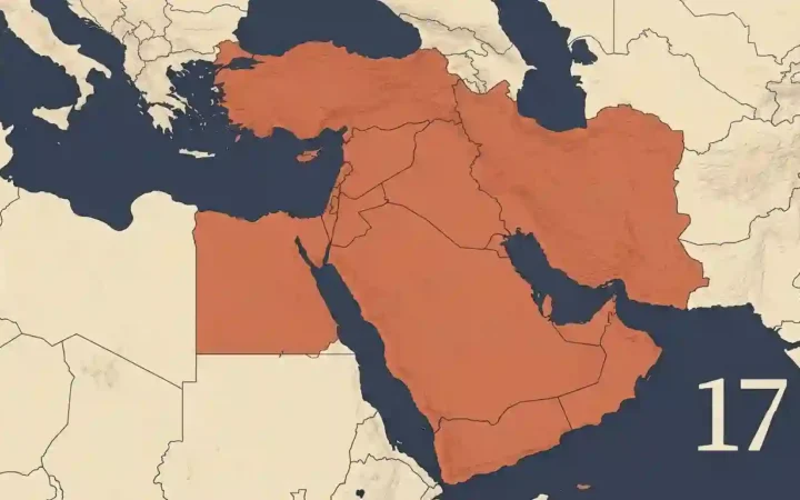 Map of the Middle East with 17 countries and states highlighted in orange.