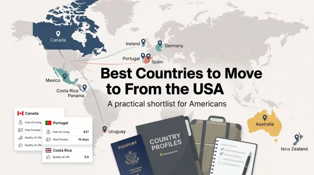 World map showing popular countries Americans compare when planning a move abroad, including Canada, Mexico, Portugal, Spain, Germany, Australia, and New Zealand.