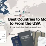 World map showing popular countries Americans compare when planning a move abroad, including Canada, Mexico, Portugal, Spain, Germany, Australia, and New Zealand.
