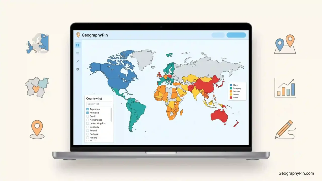 Laptop displaying a color-coded world map maker with country groups, map pins, data charts, and drawing tools.