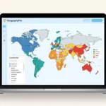 Laptop displaying a color-coded world map maker with country groups, map pins, data charts, and drawing tools.