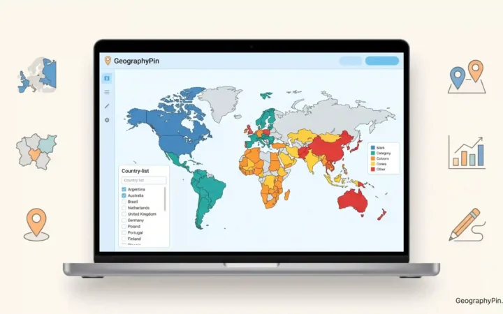Laptop displaying a color-coded world map maker with country groups, map pins, data charts, and drawing tools.