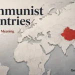 Communist countries map highlighting China, Cuba, Laos, Vietnam, and North Korea in red on a world map.