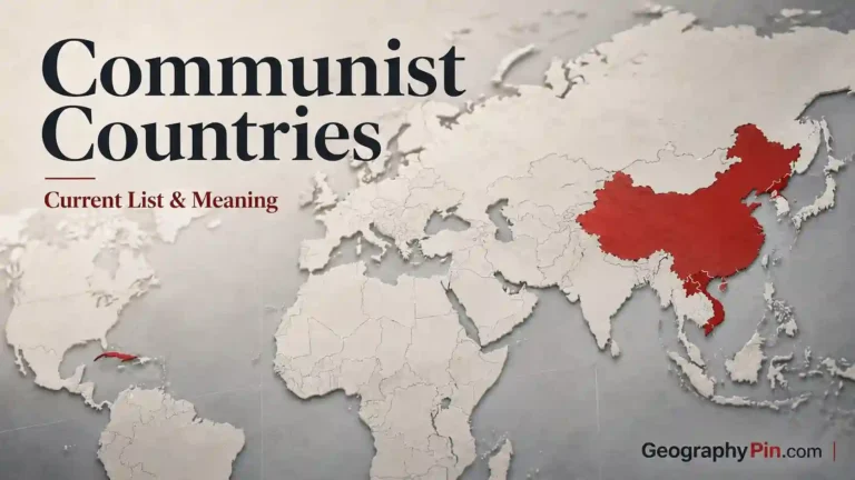 Communist countries map highlighting China, Cuba, Laos, Vietnam, and North Korea in red on a world map.