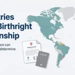 Editorial world map, birth record and passport illustrating how birthplace can determine citizenship.