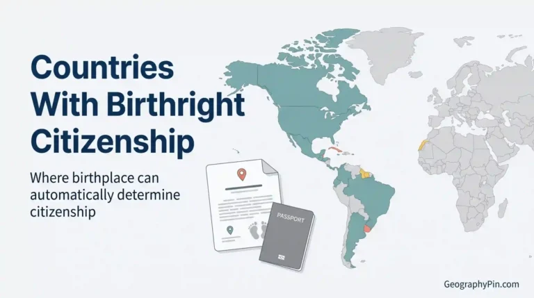 Editorial world map, birth record and passport illustrating how birthplace can determine citizenship.
