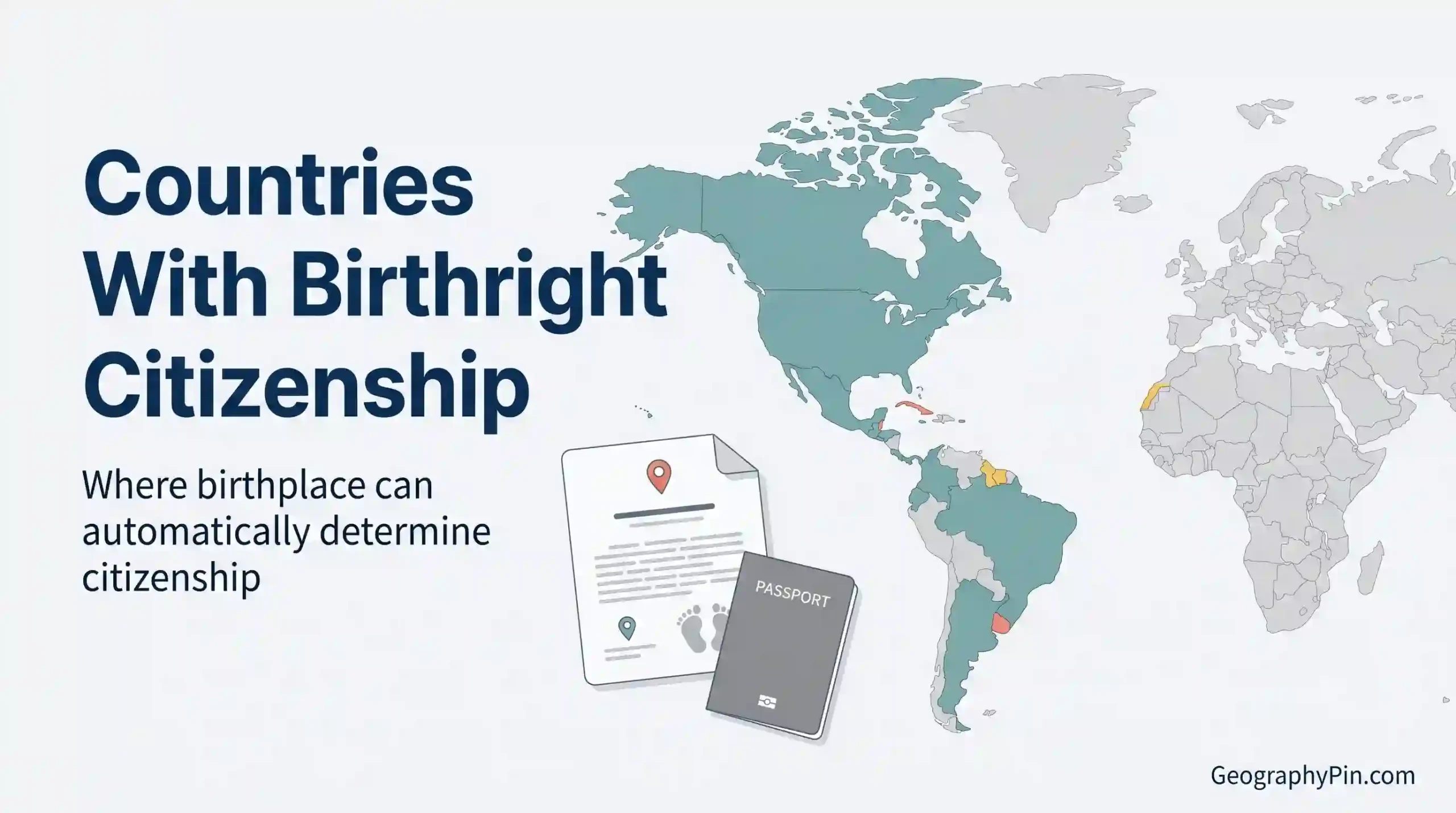 Editorial world map, birth record and passport illustrating how birthplace can determine citizenship.