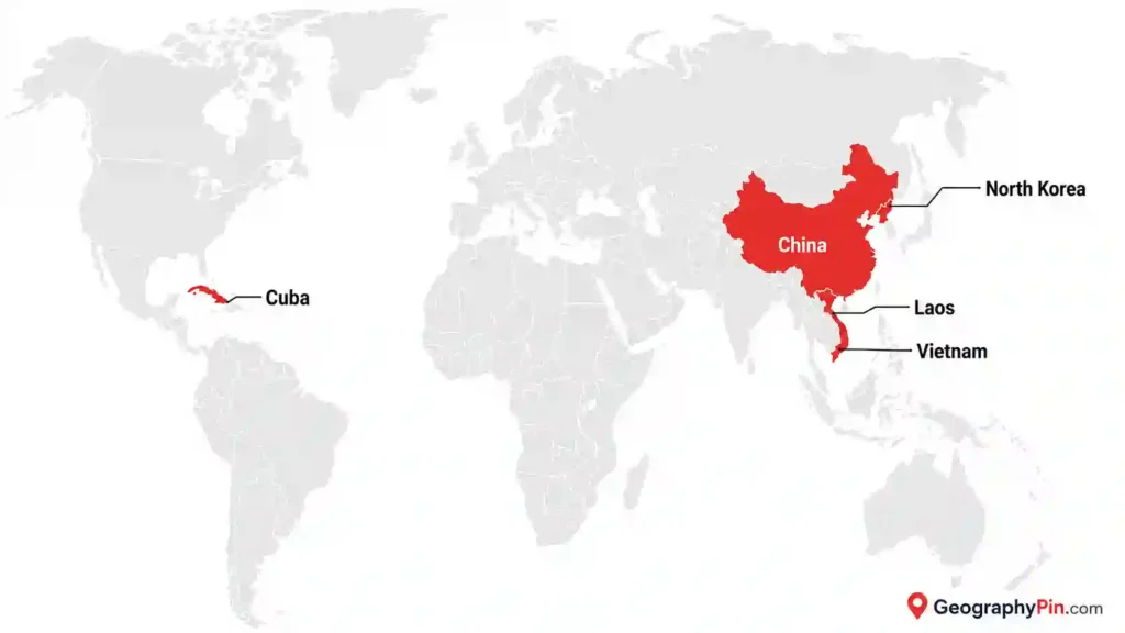 World map showing China, Cuba, Laos, Vietnam, and North Korea highlighted as communist countries.