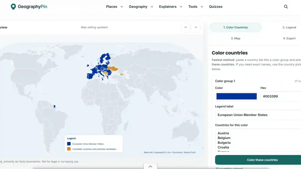 GeographyPin Map Maker showing European Union members and candidate countries highlighted on a world map.
