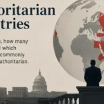 Editorial illustration titled Authoritarian Countries, showing a globe with highlighted countries and a silhouetted figure facing the map.