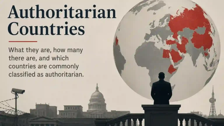 Editorial illustration titled Authoritarian Countries, showing a globe with highlighted countries and a silhouetted figure facing the map.