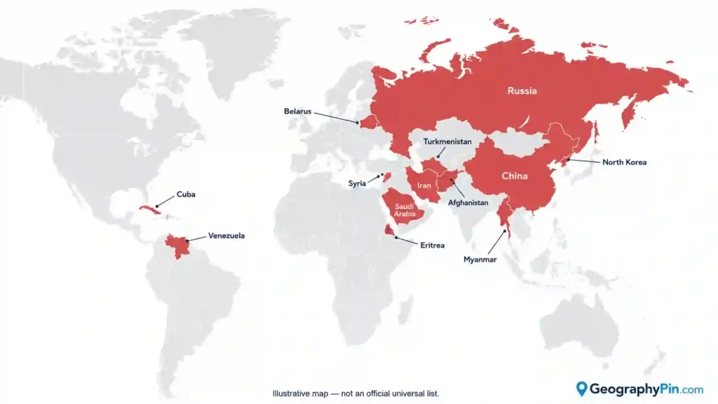 World map highlighting selected countries commonly described as authoritarian, including China, Russia, North Korea, Iran, Saudi Arabia, Cuba, Belarus, Venezuela, Myanmar, Afghanistan, Eritrea, Turkmenistan, and Syria.