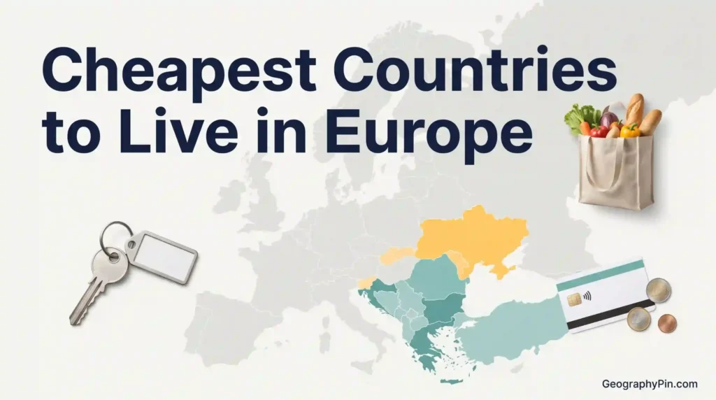 Europe map with apartment keys, groceries, a payment card, and euro coins illustrating the main costs of living in European countries.