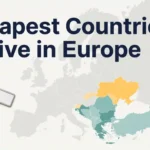 Europe map with apartment keys, groceries, a payment card, and euro coins illustrating the main costs of living in European countries.